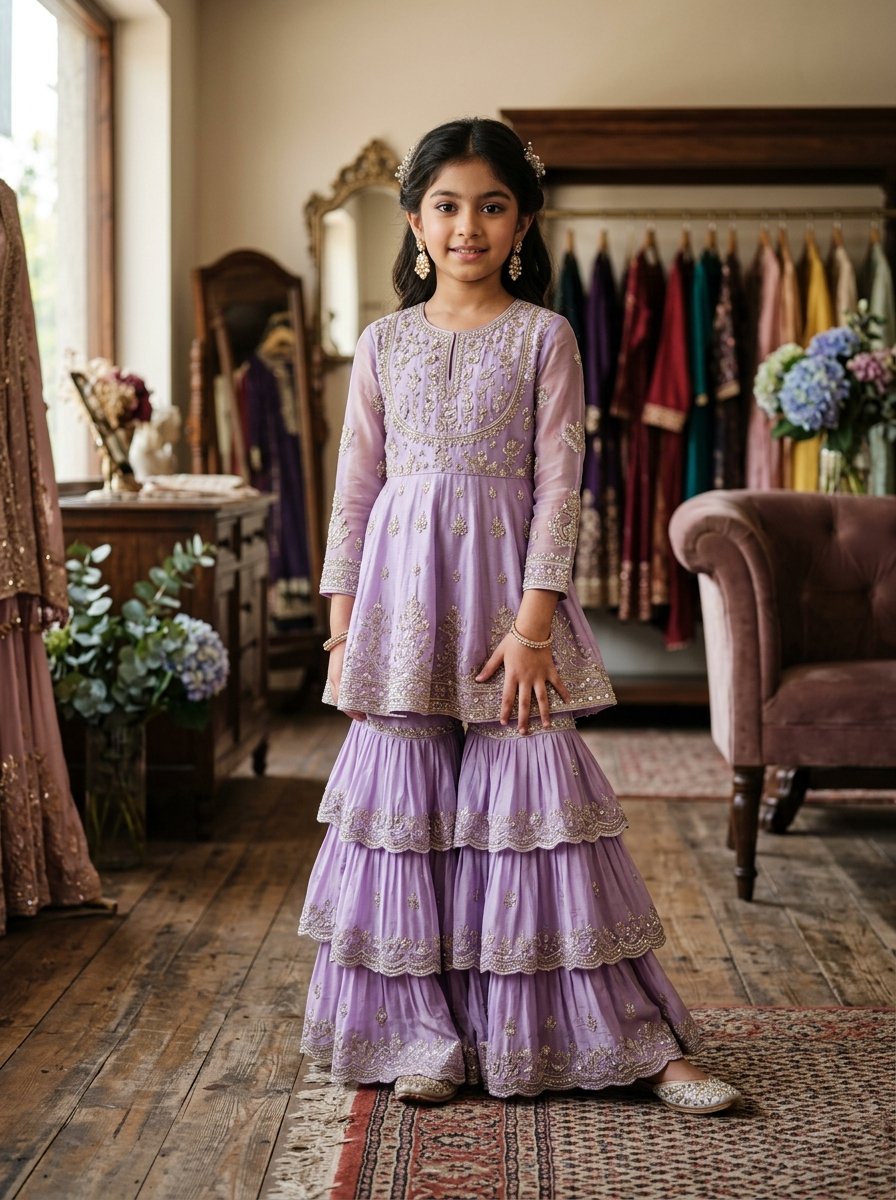 Lavender Bloom - Girls Tiered Peplum Sharara Set