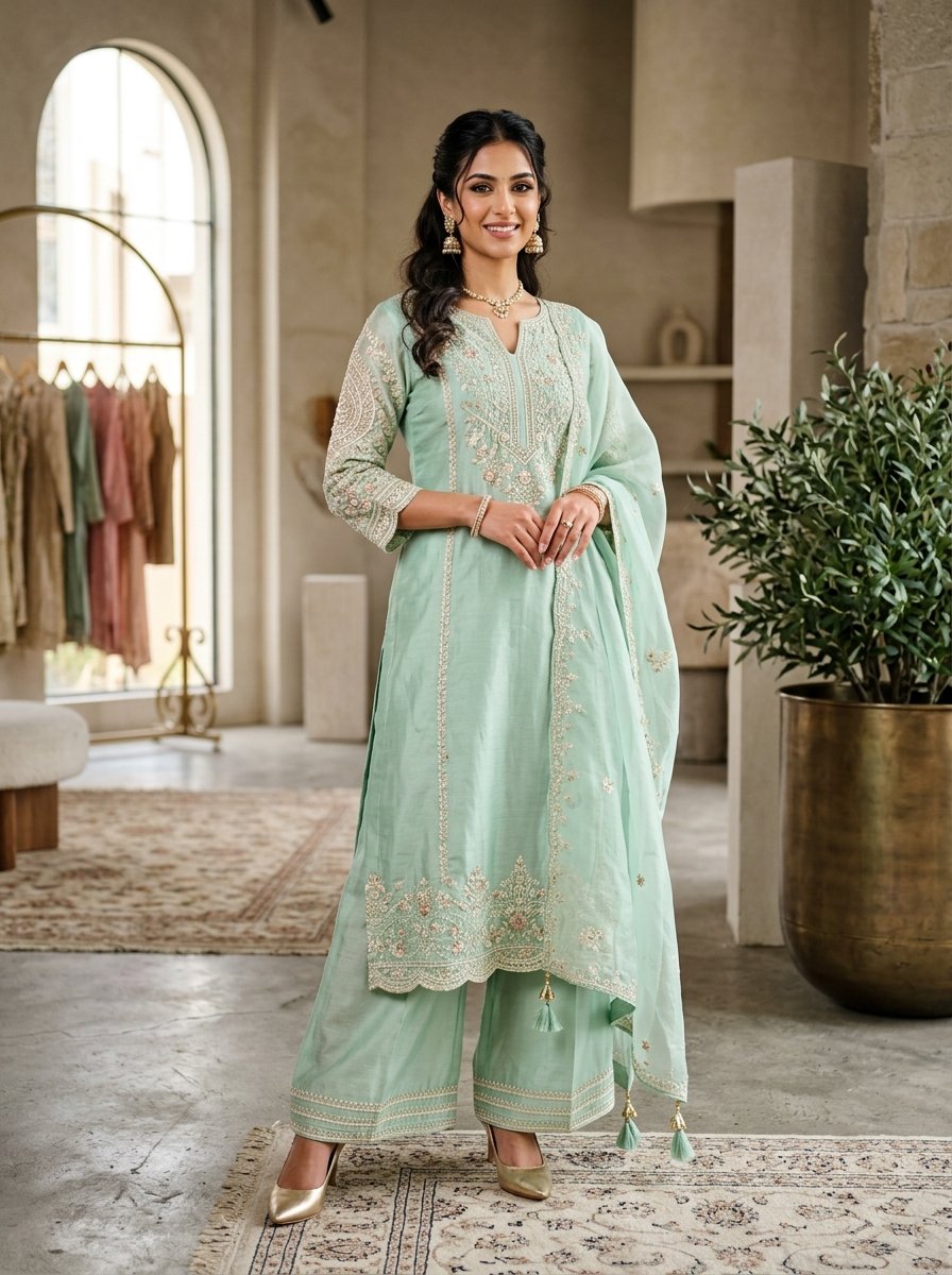 Mint Zephyr - Chanderi Silk Embroidered Palazzo Suit