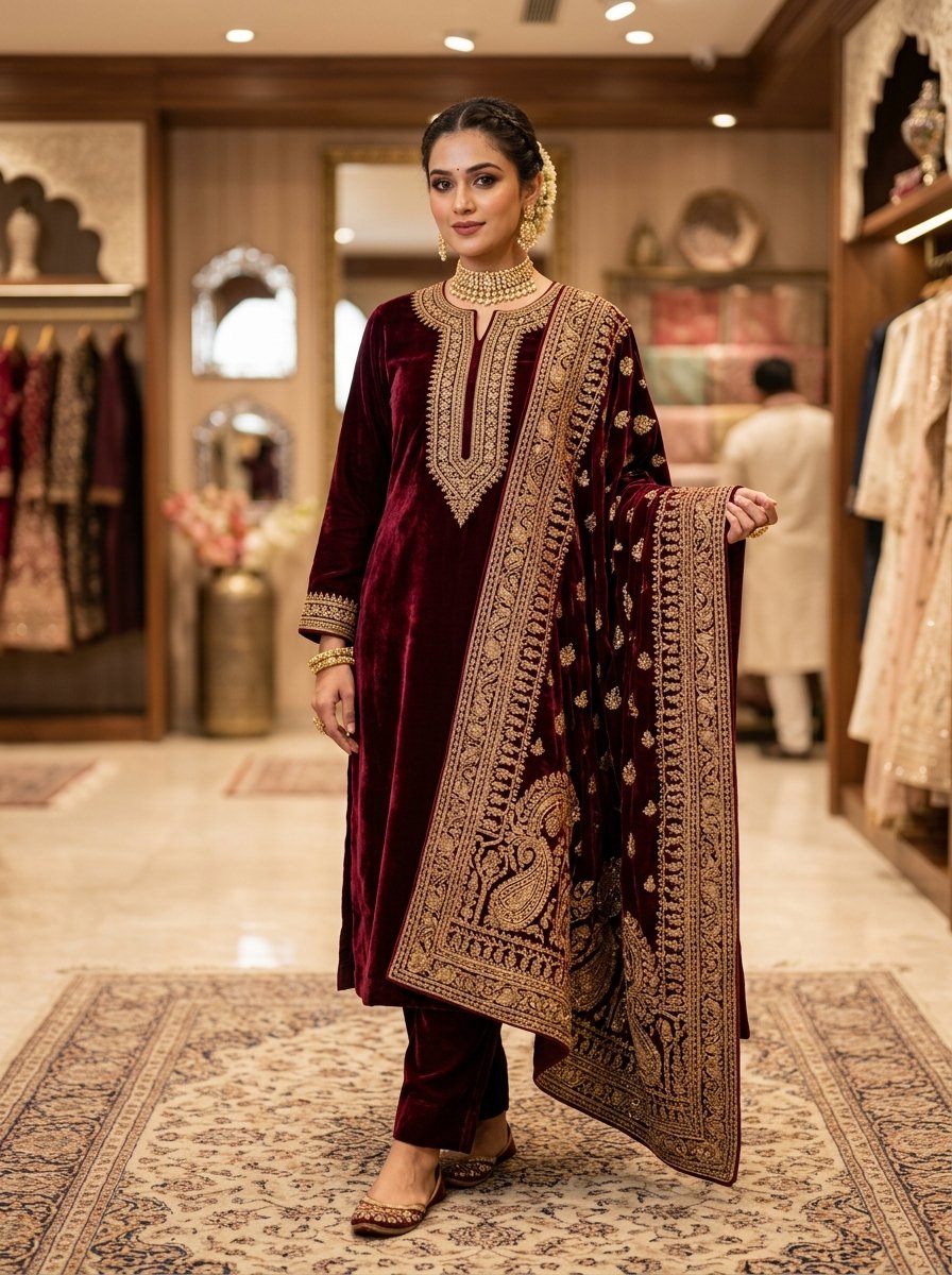 Kashmir Mehfil - Wine Velvet Straight Salwar Suit